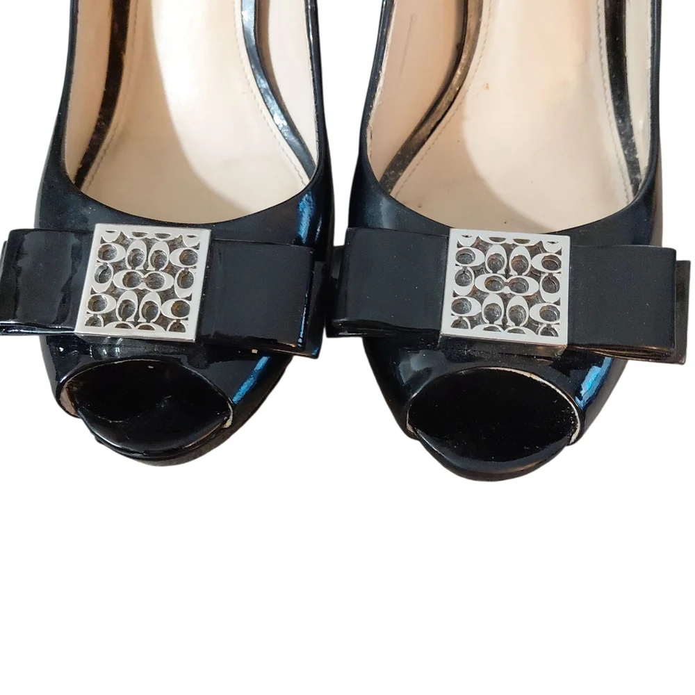 Coach Scarlet Peep-Toe Platform Pumps Black Patent Leather Heels Size 9 - Picture 3 of 15